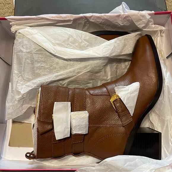 Vince Camuto Leather Buckle Mid-Shaft Zip Boots Kempreea Cocoa Biscuit 9.5 NIB - Picture 5 of 12